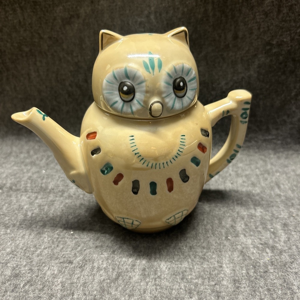 Vintage Chinese Lusterware Owl Ceramic Tea Pot Peach Color Hoot Colorful 6" EUC